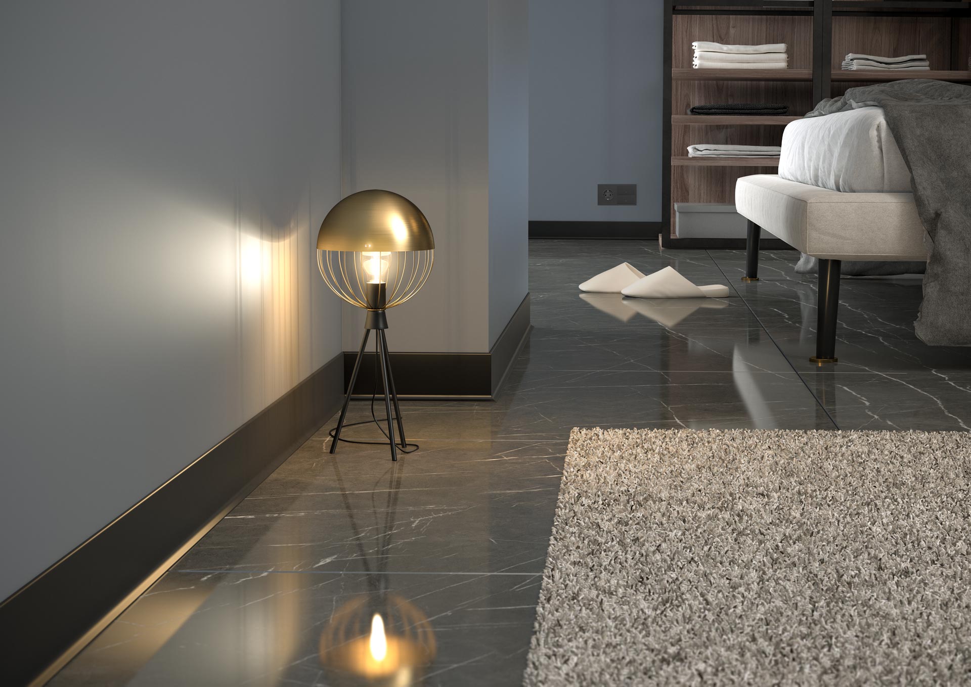 Modern interior with a gold floor lamp, gray rug, and white chair, black baseboard.