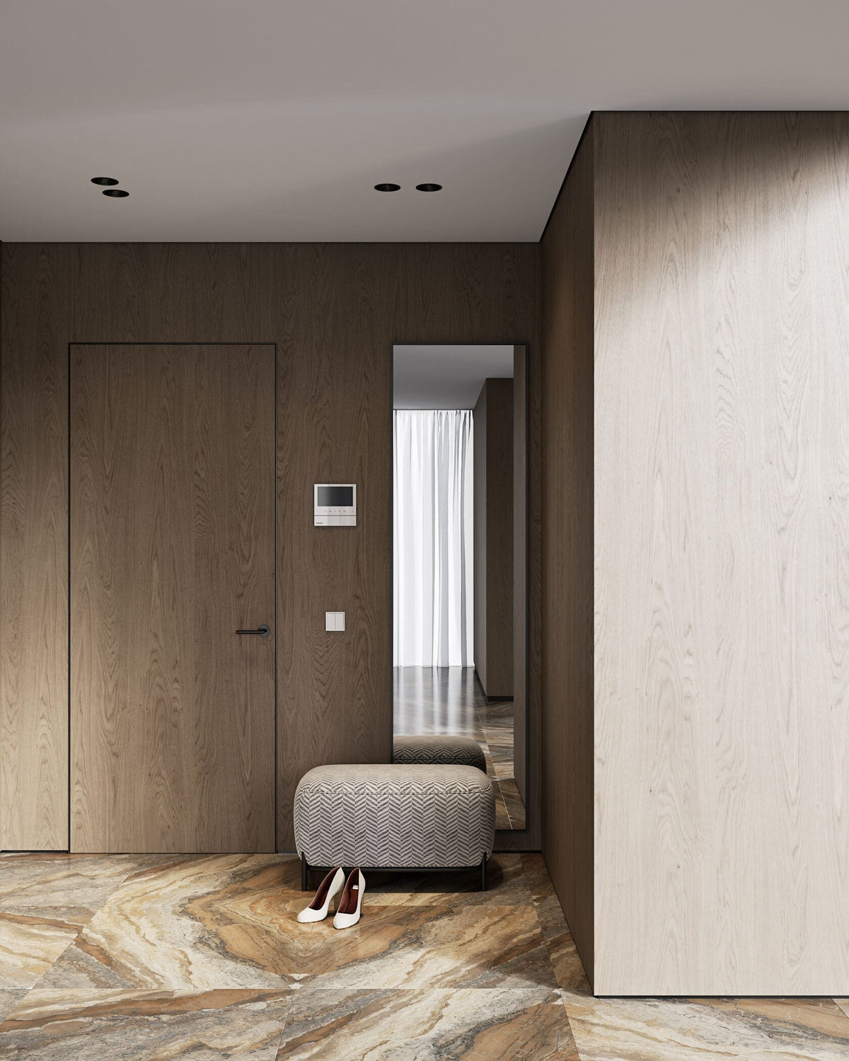 A modern interior entryway with dark wood walls, a light wood panel on the right, a patterned gray upholstered bench, and a pair of white shoes on a marble-patterned floor.